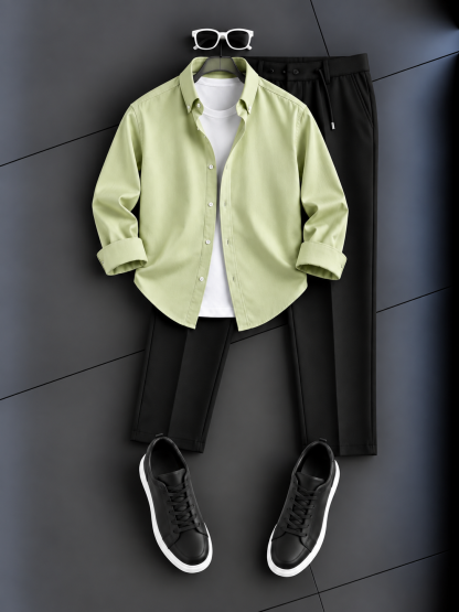 Men's Casual Aqua Blue Button-Up Shirt & White Chino Pants Two-Piece Set