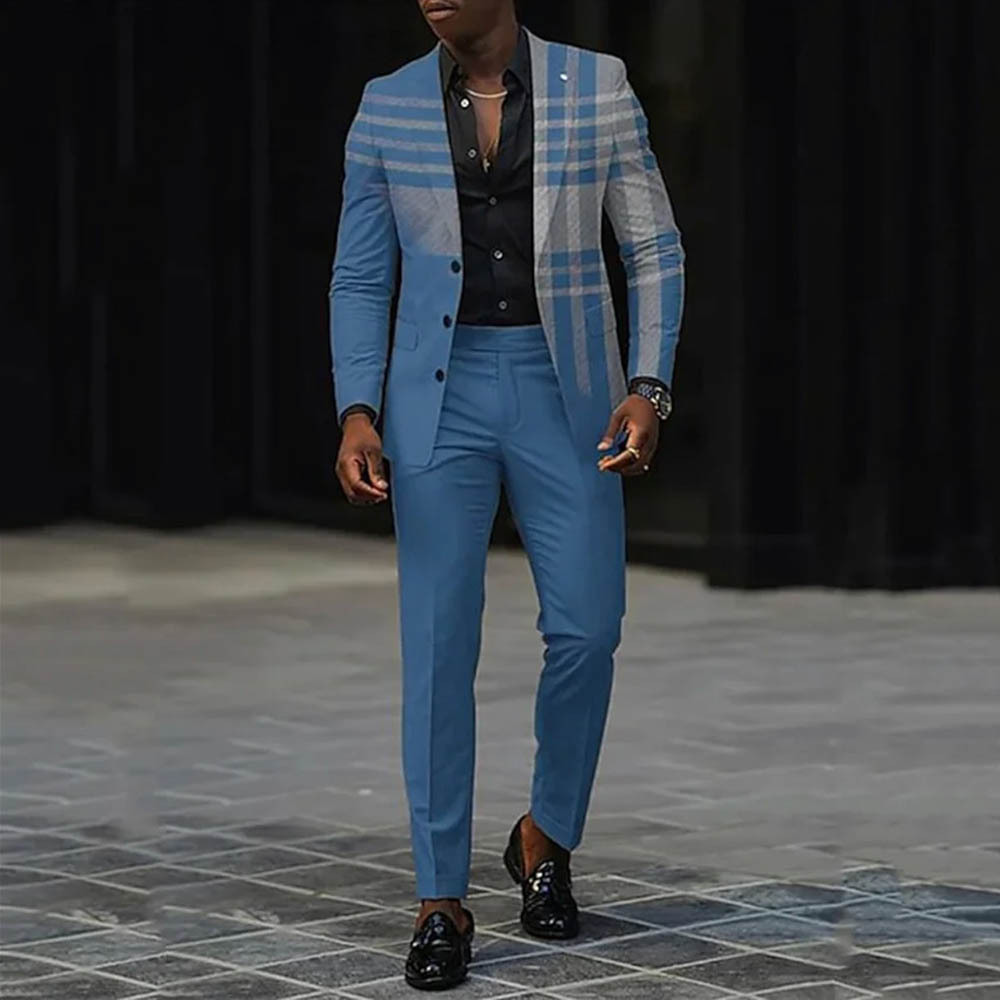 Men's Gradient Blue & Gray Color Matching Checkered Printed Long Sleeves Blazer & Trousers Two Pieces Set
