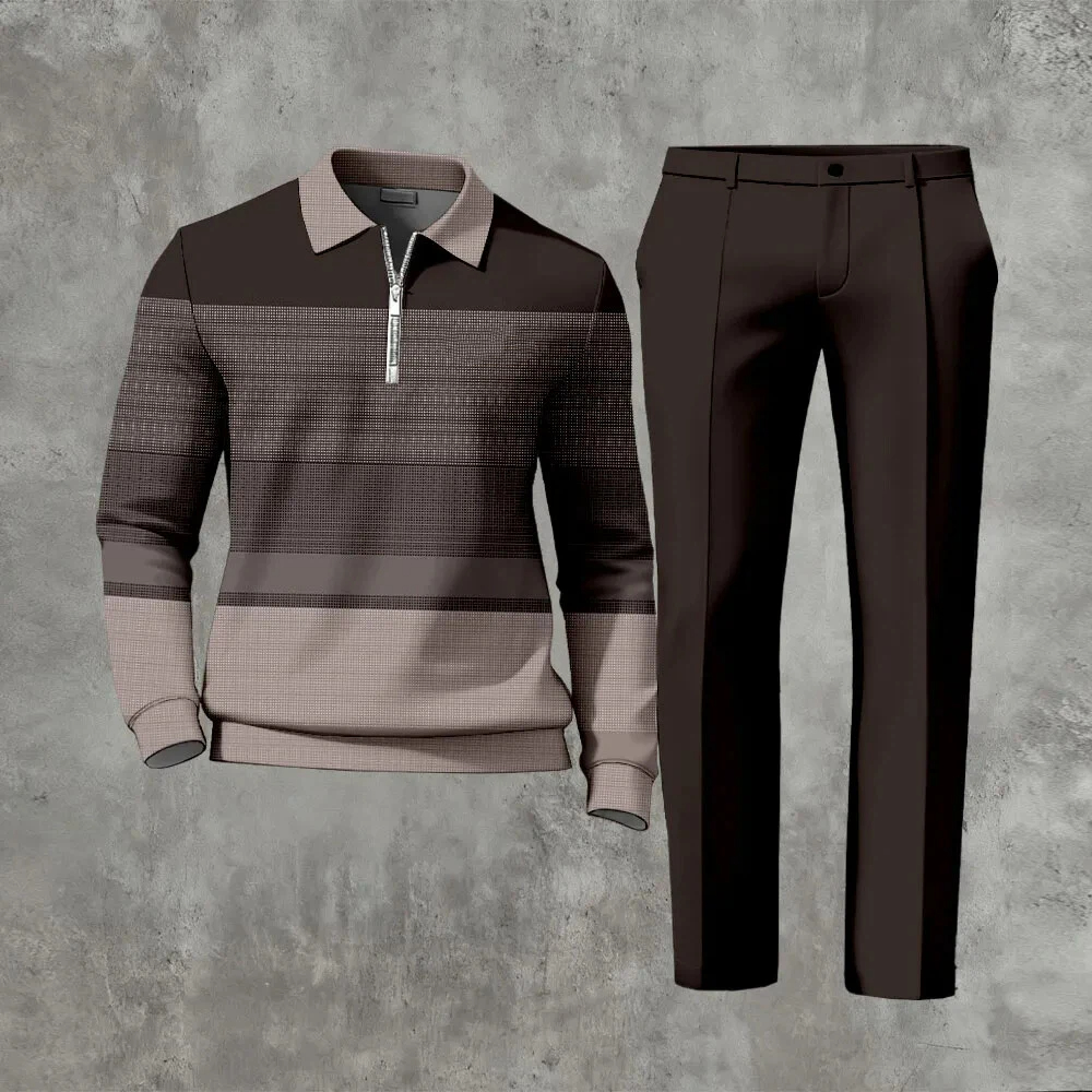 Men's Casual Color Matching Printed Polo-Collar Zipper Long Sleeved Trousers Two-Piece Set 1203