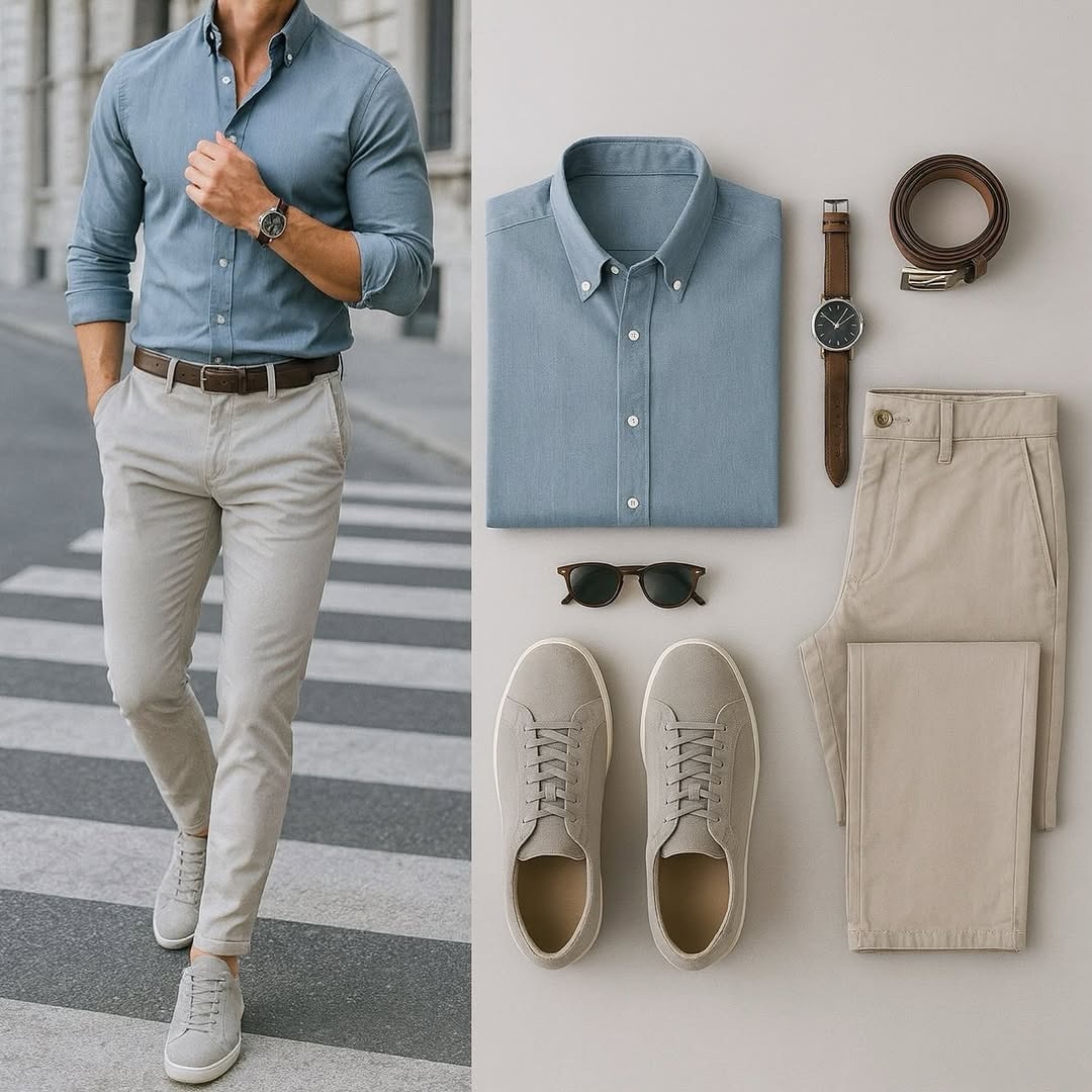 Men's Business Color Matching Blue Long Sleeves Shirt & Beige Trousers Two Piece Set
