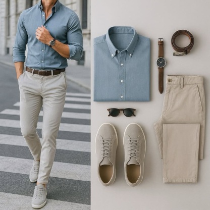 Men's Business Color Matching Blue Long Sleeves Shirt & Beige Trousers Two Piece Set