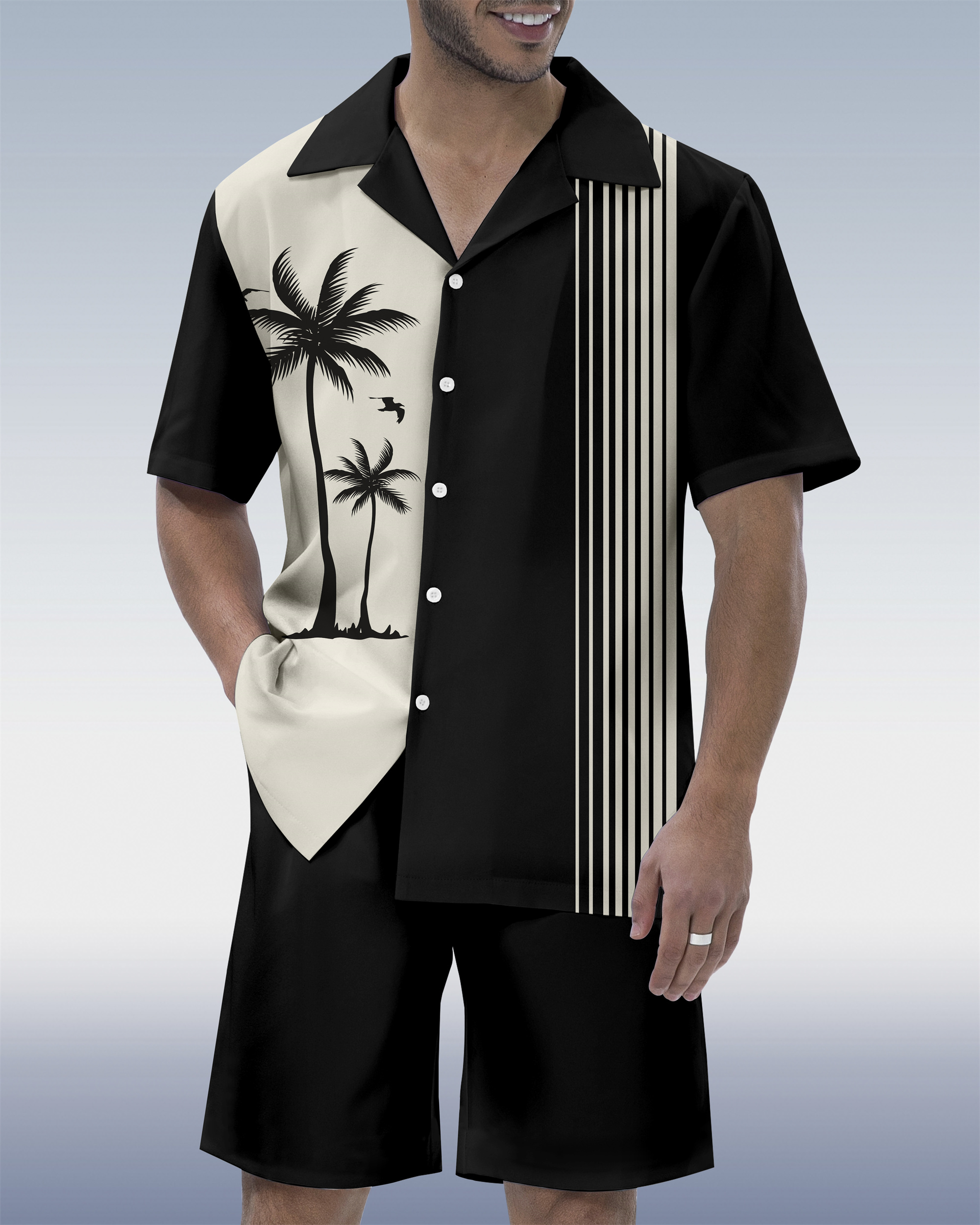 Men's Hawaiian Tiki Party Print Cuban Collar Short Sleeve Shirt Set