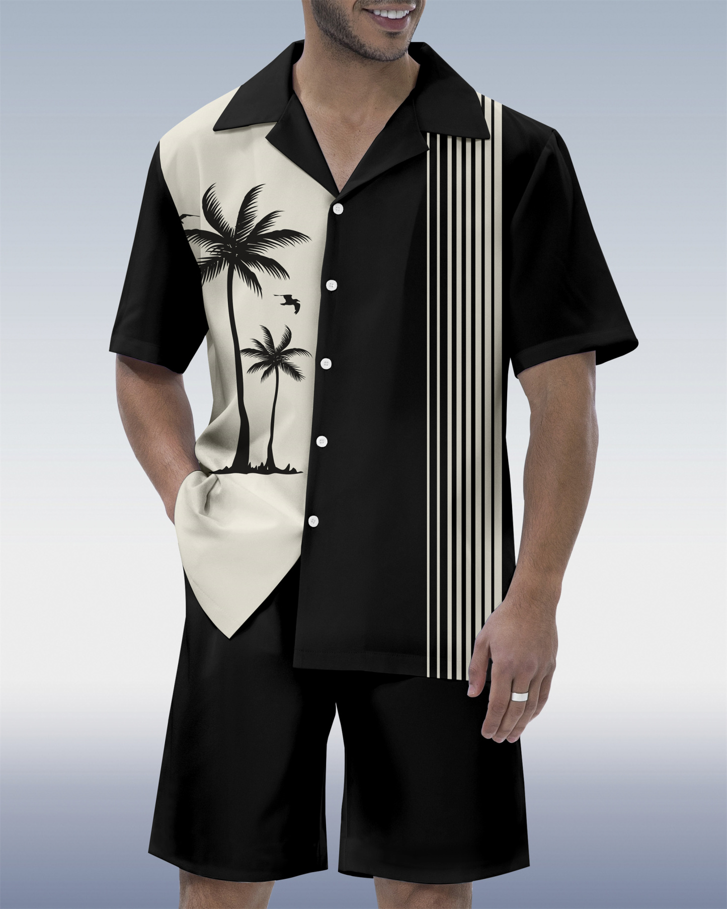 Men's Hawaiian Tiki Party Print Cuban Collar Short Sleeve Shirt Set