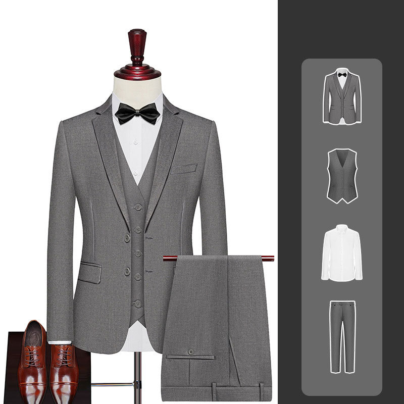 Men's Business Suits Double-Breasted Gray Blazer + Vest + Shirt + Trousers