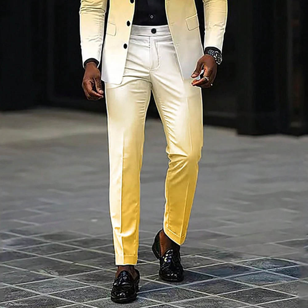 BlazerMen's Gradient White & Yellow Color Matching Gradient Printed Long Sleeves Blazer & Trousers Two Pieces Set