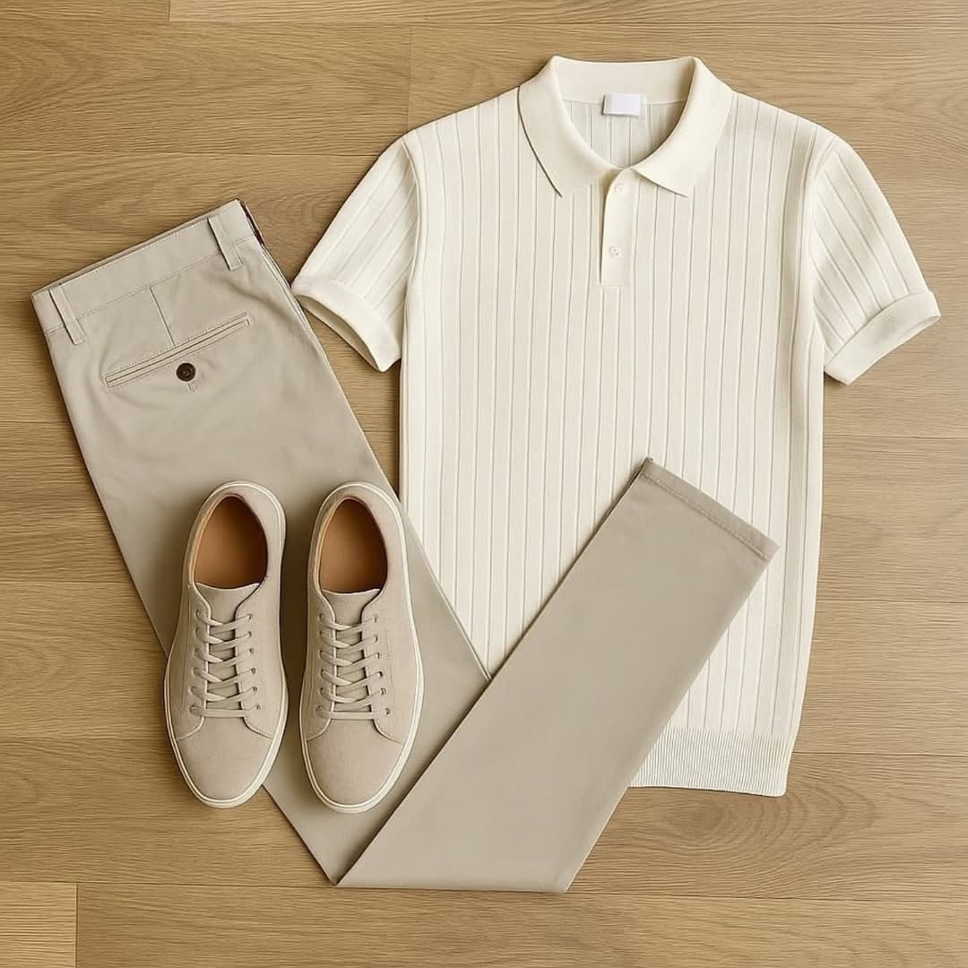 Men's Casual Solid-Color Printed Polo Shirt & Trousers Two-Piece Set