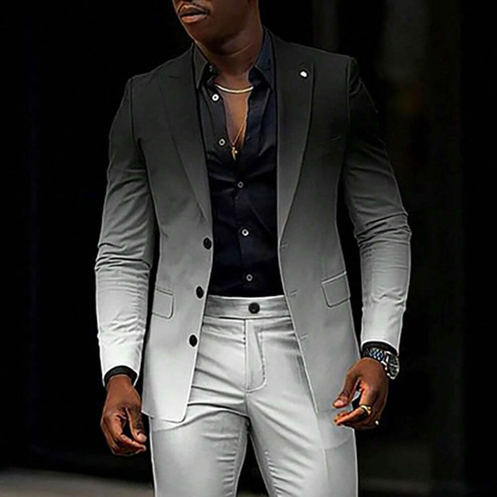 Men's Gradient Black & White Color Matching Gradient Printed Long Sleeves Blazer & Trousers Two Pieces Set