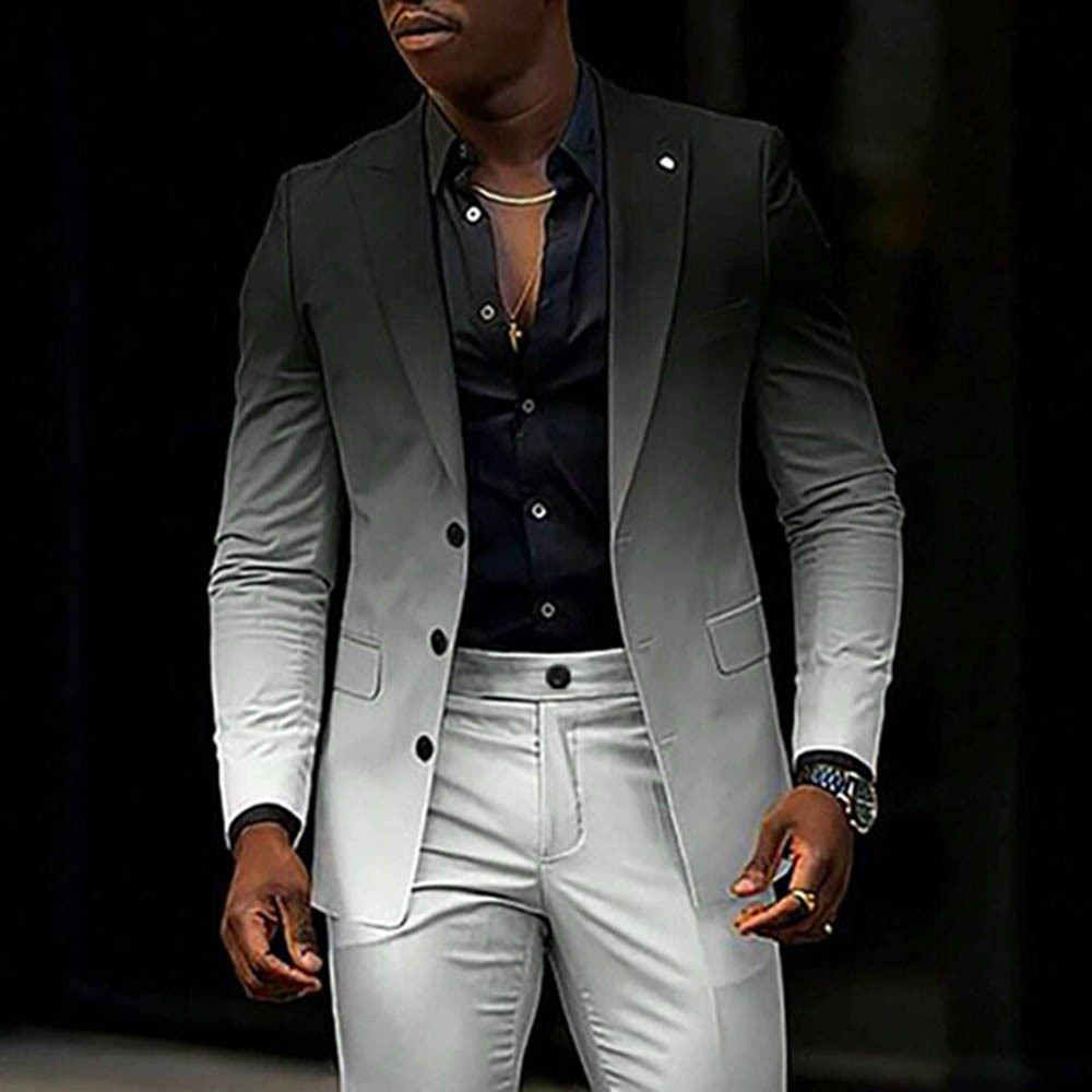 Men's Gradient Color Matching Printed Long Sleeves Suits Jacket& Trousers Two Pieces Set