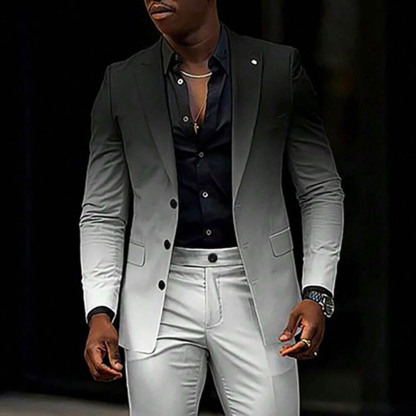 Men's Gradient Black & White Color Matching Gradient Printed Long Sleeves Blazer & Trousers Two Pieces Set