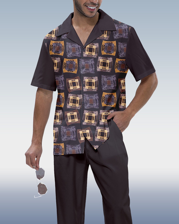 Men's Color Block Short Sleeve Shirt Walking Set