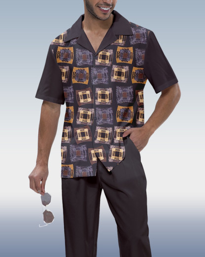 Men's Color Block Short Sleeve Shirt Walking Set
