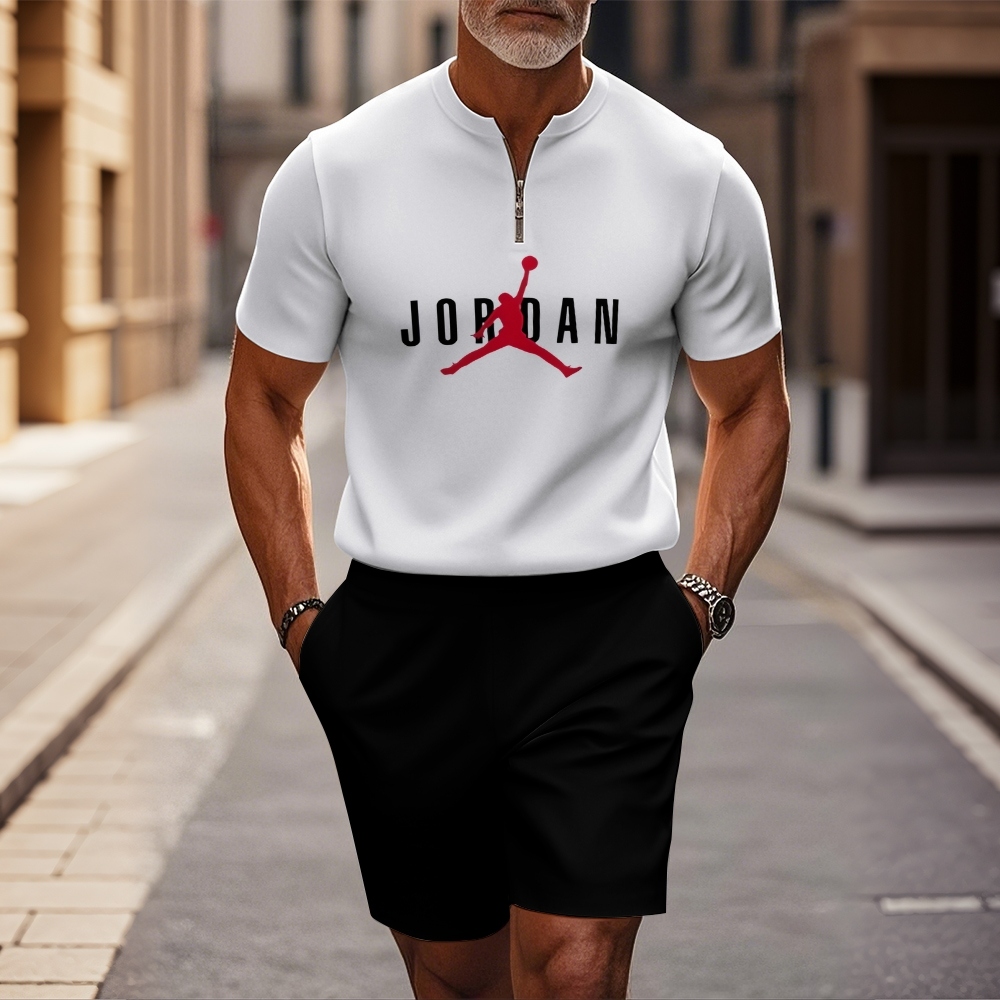 Men's Fashion Round Neck White With Printed Zipper Short Sleeve+Casual Shorts Two Piece Set