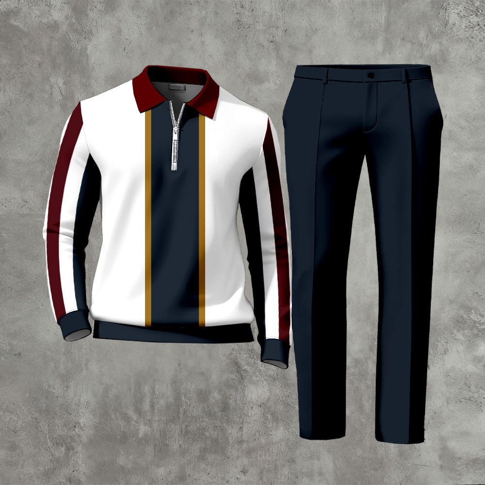 Men's Casual Color Matching Printed Polo-Collar Zipper Long Sleeved Tr