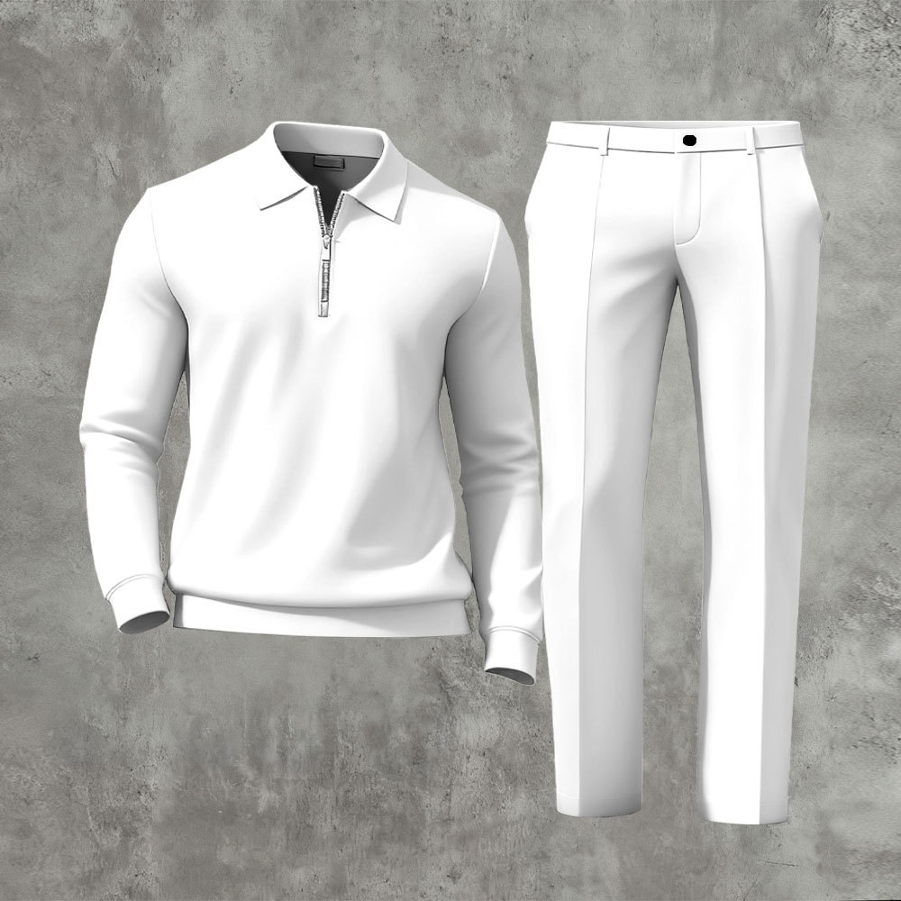 Men's Casual Solid Color Polo-Collar Zipper Long Sleeved Trousers Two-