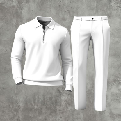 Men's Casual Solid Color Polo-Collar Zipper Long Sleeved Trousers Two-Piece Set