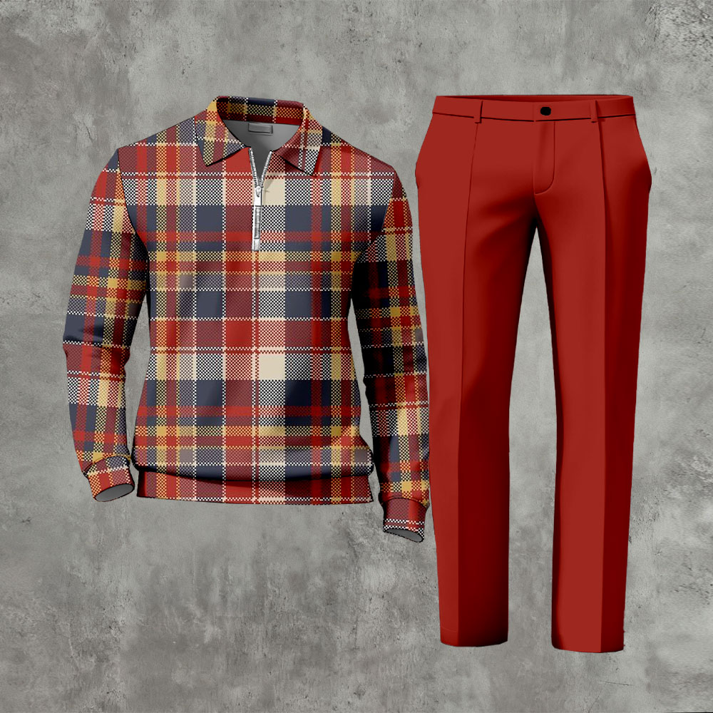 Men's Casual Red & Navy Color Matching Checkered Printed Zipper Long Sleeved Polo Shirt & Trousers Two-Piece Set