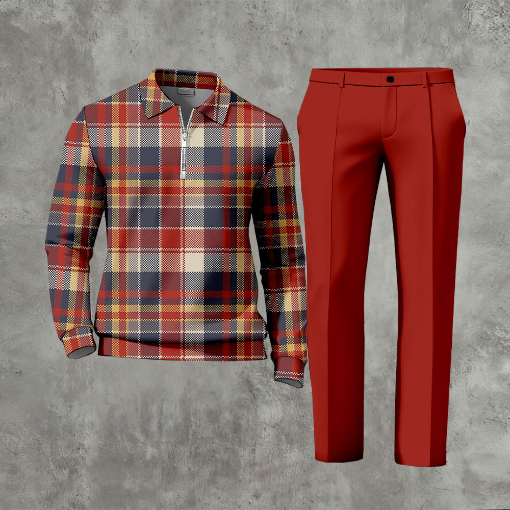 Men's Casual Red & Navy Color Matching Checkered Printed Zipper Long S