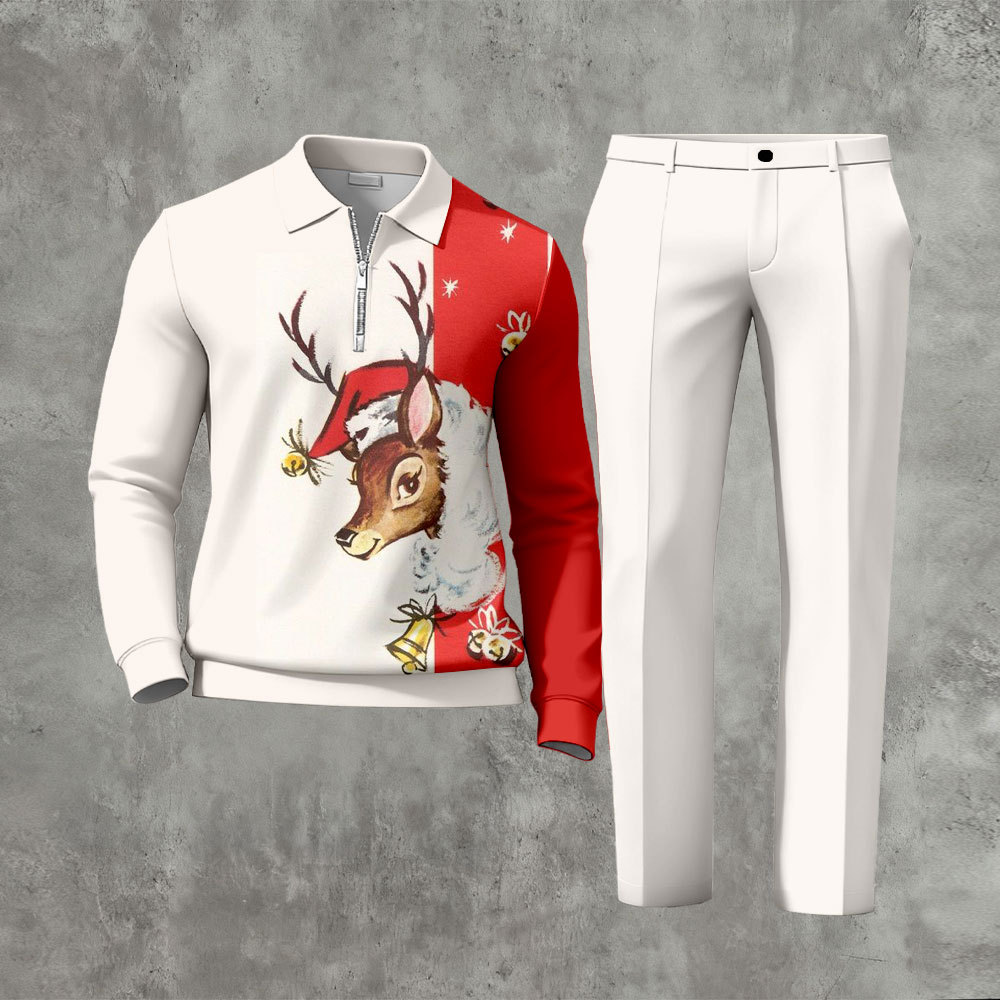 Men's Casual Beige & Red Color Matching Christmas Asymmetric Printed Z