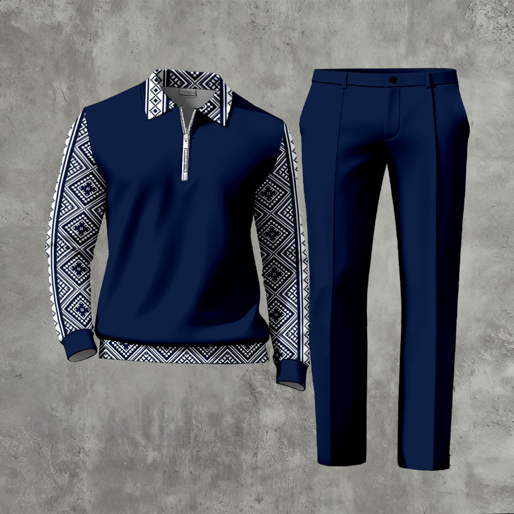 Men's Casual Navy Blue & White Color Matching Retro Printed Zipper Long Sleeved Polo Shirt & Trousers Two-Piece Set