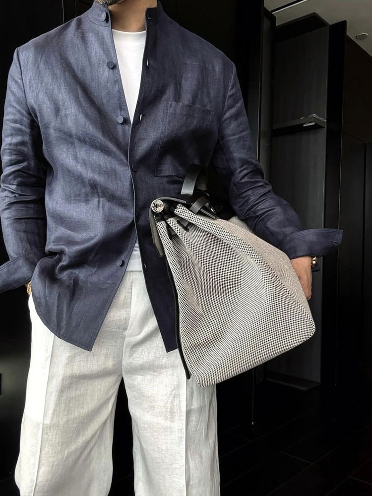 Premium Linen-Blend Mandarin Collar Suit-Navy Blue