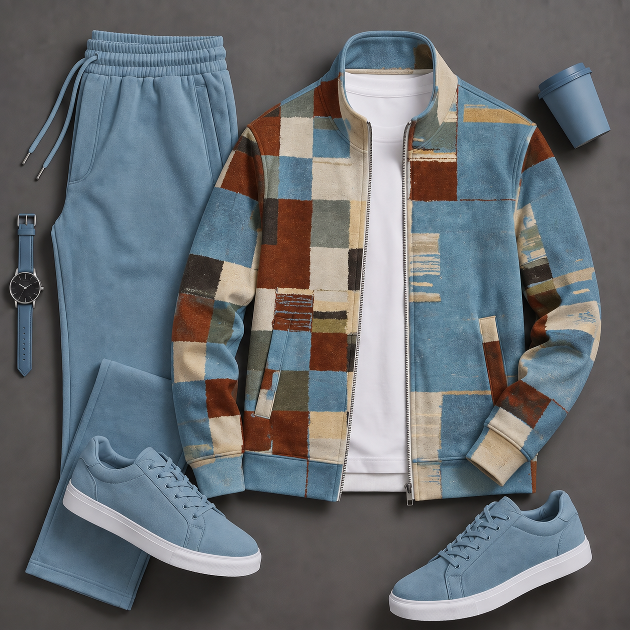 Men's Causal Stand Collar Blue Art Checkered Pattern Jacket & Pants Two-Piece Sets