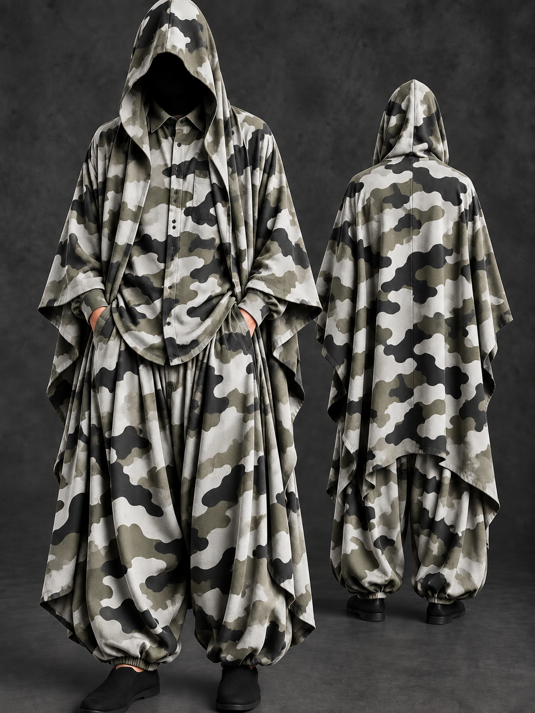 Men's Camo Hooded Cape, Shirt & Harem Pants 3-Piece Set