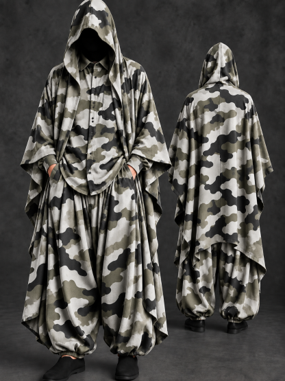 Men's Camo Hooded Cape, Shirt & Harem Pants 3-Piece Set
