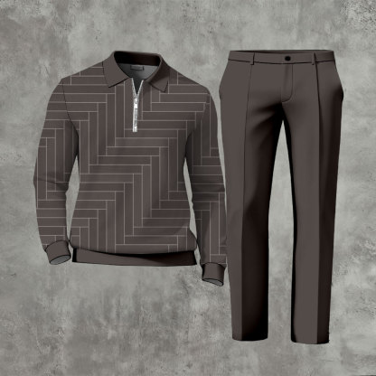 Men's Casual Dark Brown Color Matching Geometric Printed Zipper Long Sleeved Polo Shirt & Trousers Two-Piece Set