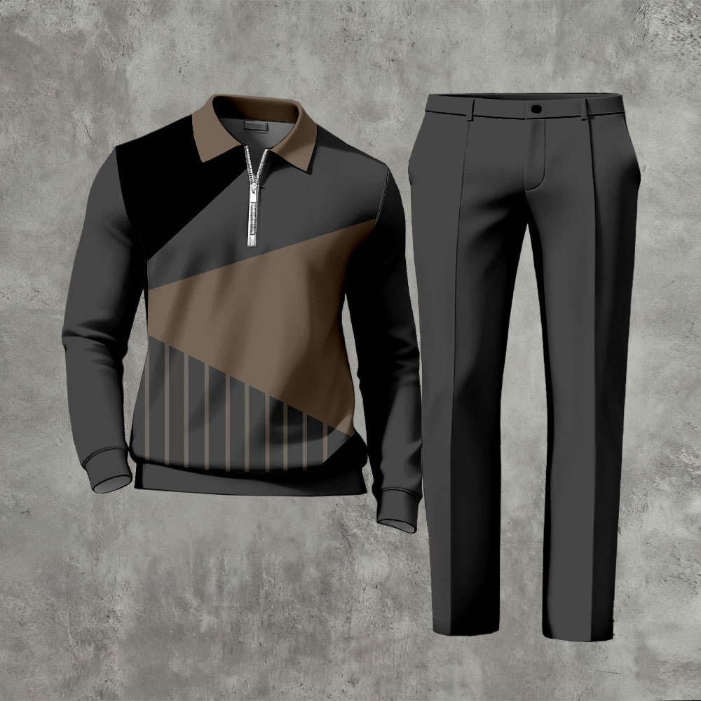 Men's Casual Dark Gray & Coffee Color Matching Geometric Printed Polo-