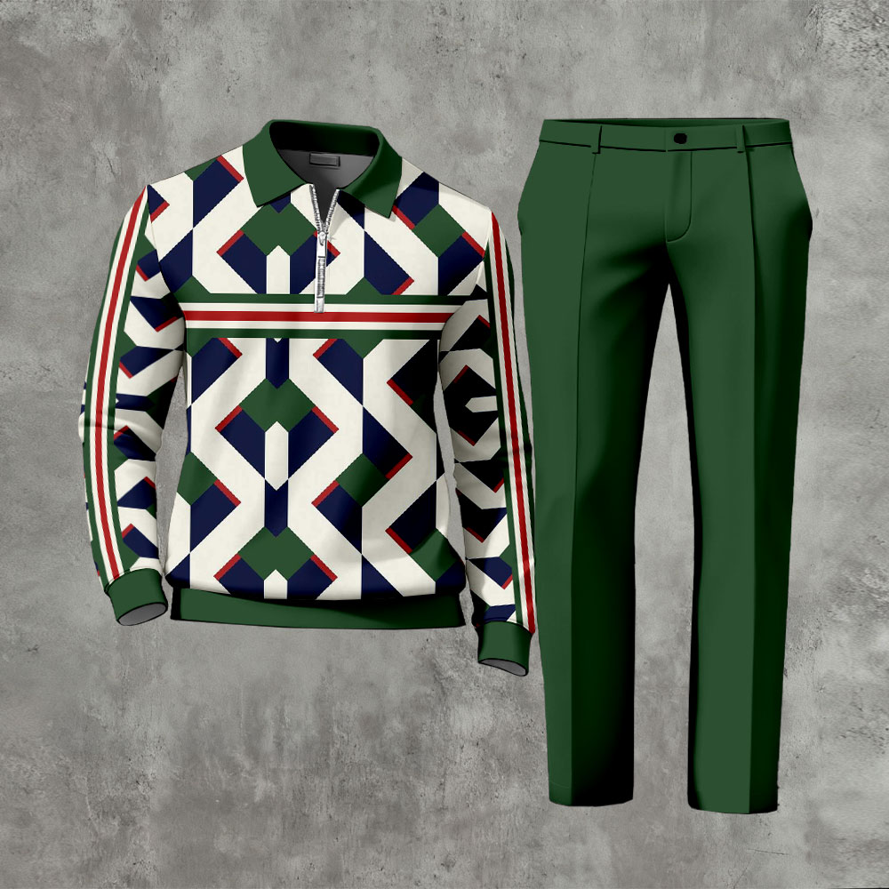 Men's Casual Dark Green Color Matching Geometric Printed Polo-Collar Zipper Long Sleeved Trousers Two-Piece Set