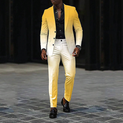 BlazerMen's Gradient White & Yellow Color Matching Gradient Printed Long Sleeves Blazer & Trousers Two Pieces Set