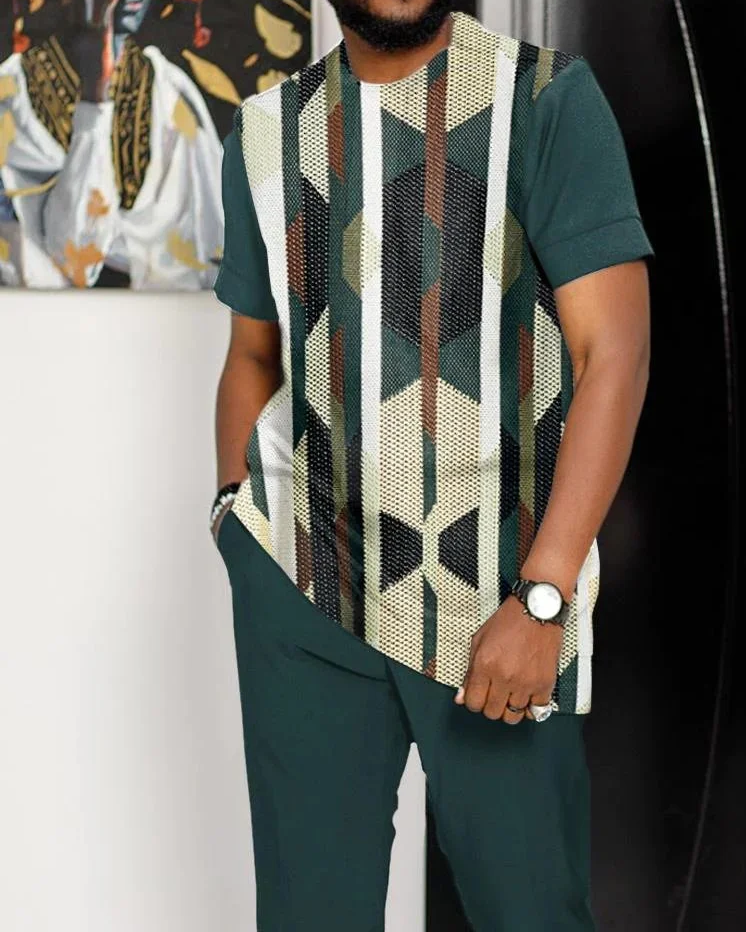 Men's casual green vertical strip walking suit