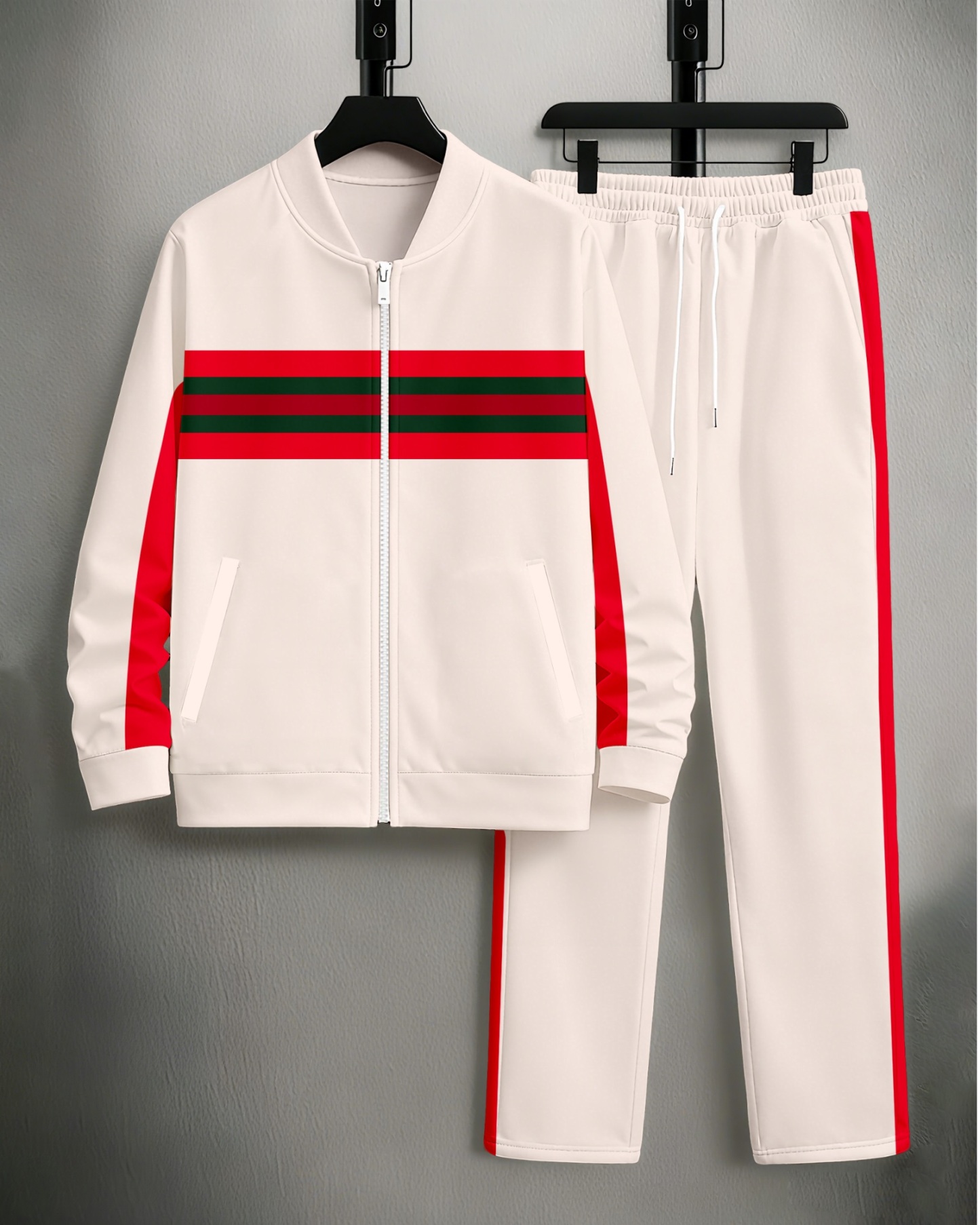 Men's Minimalist Apricot & Red Color-Matching Striped Printed Jacket Sports Jogging Set