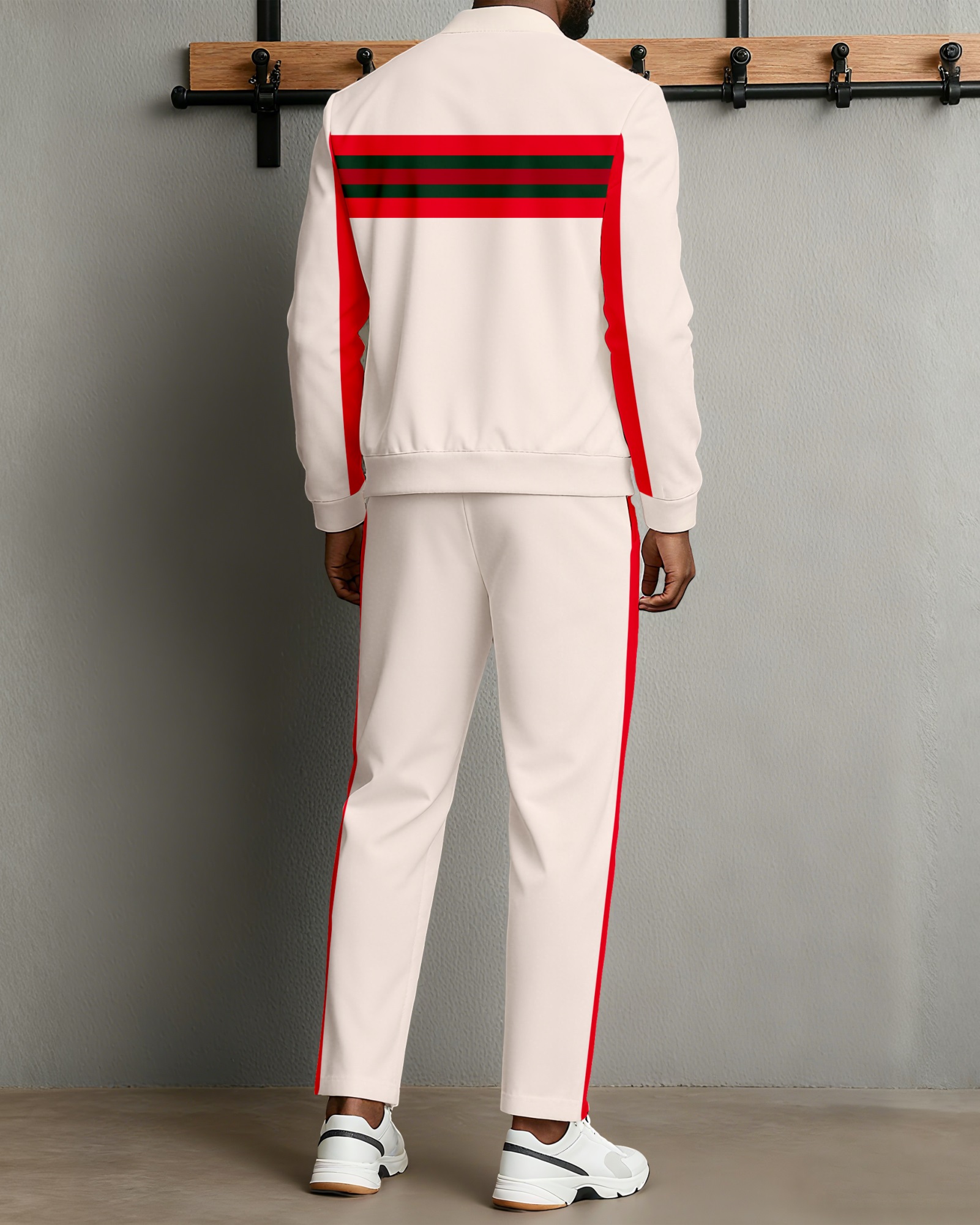 Men's Minimalist Apricot & Red Color-Matching Striped Printed Jacket Sports Jogging Set