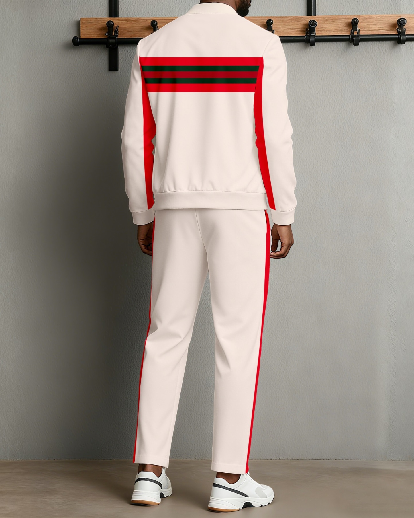 Men's Minimalist Apricot & Red Color-Matching Striped Printed Jacket Sports Jogging Set