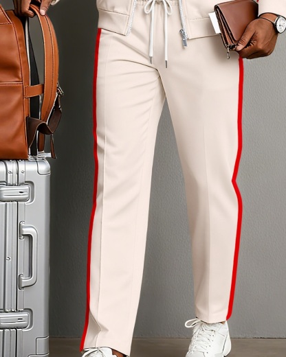 Men's Minimalist Apricot & Red Color-Matching Striped Printed Jacket Sports Jogging Set