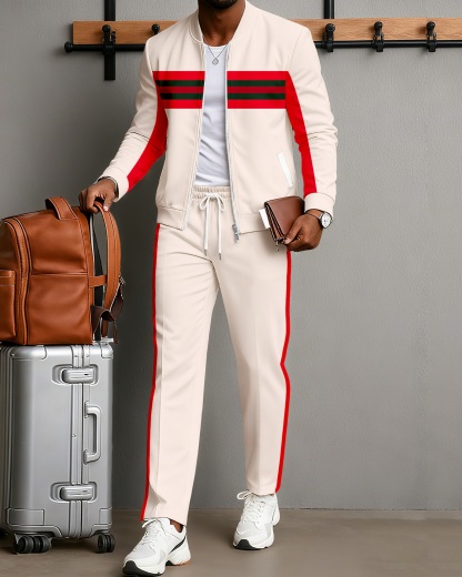 Men's Minimalist Apricot & Red Color-Matching Striped Printed Jacket Sports Jogging Set