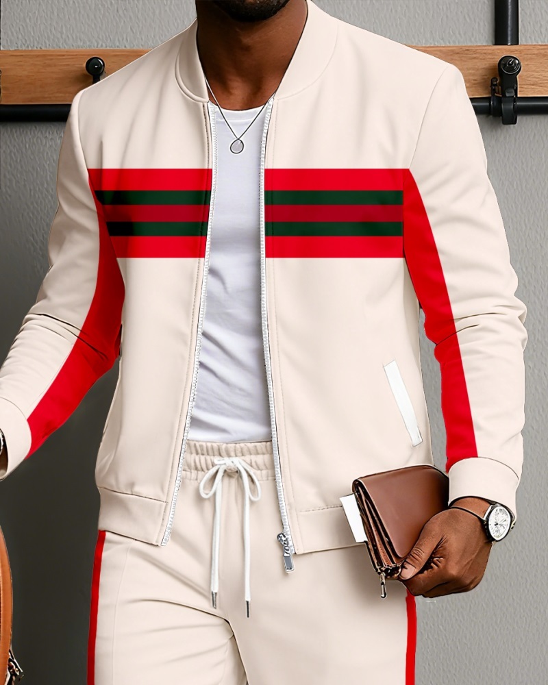 Men's Minimalist Apricot & Red Color-Matching Striped Printed Jacket Sports Jogging Set