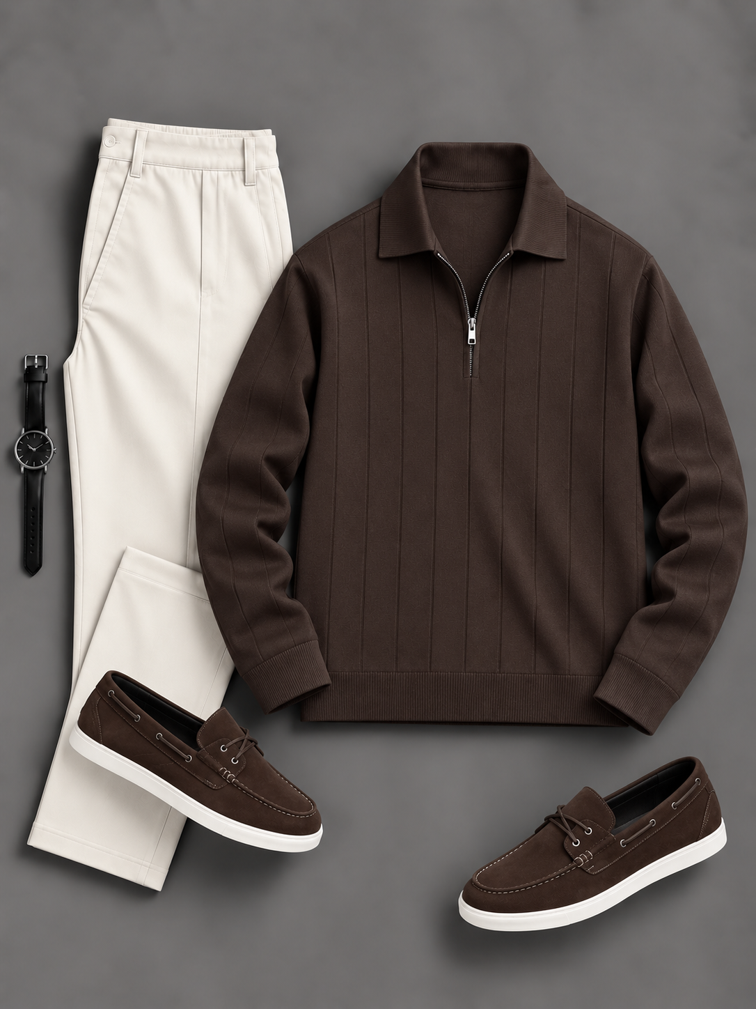 Men's Casual Vertical Stripe Half Zip Polo Sweater & Chino Pants 2‑Piece Matching Outfit Set, Multiple Colors Available