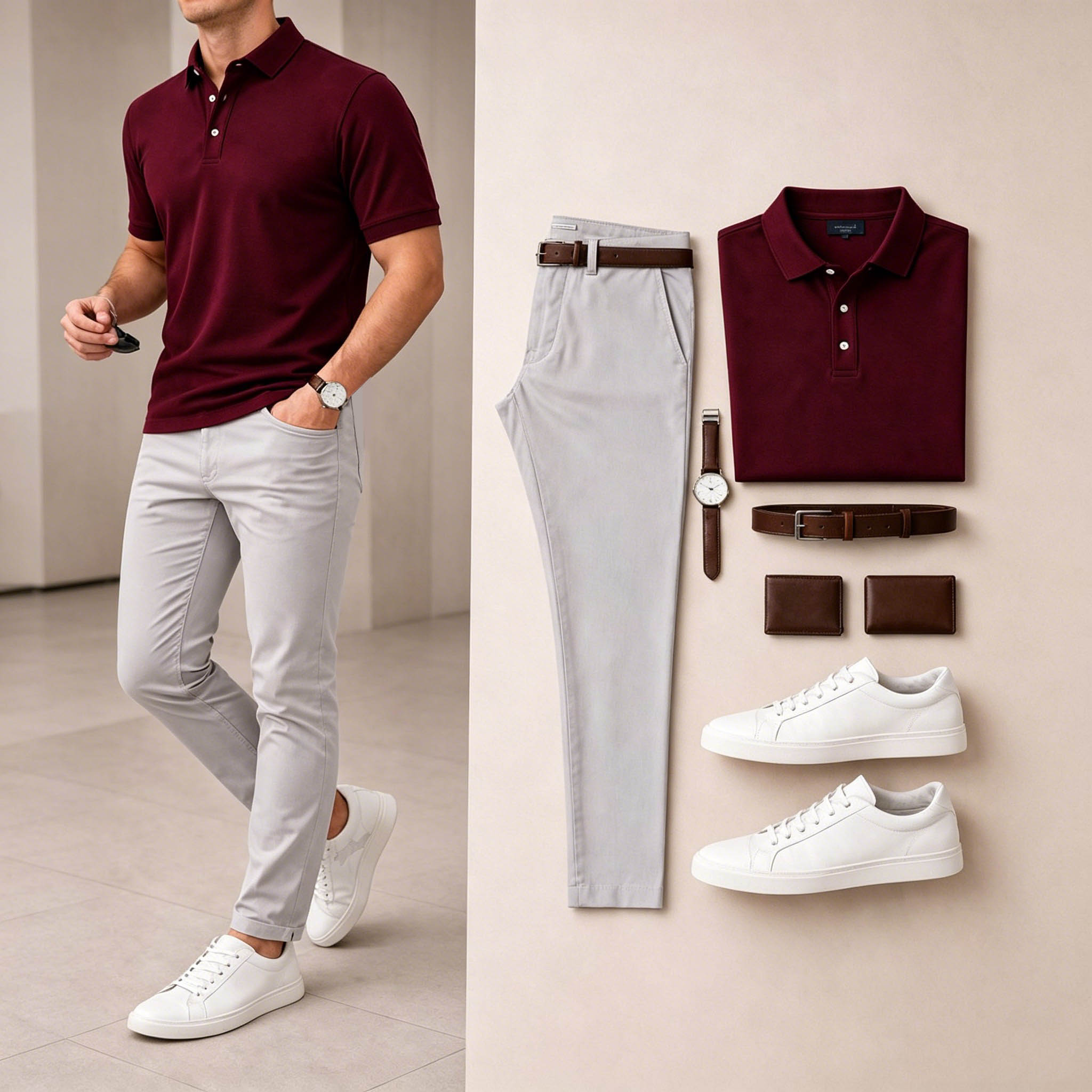 Men's Casual Wine Red & Light Gray Solid Polo Shirt And Pants Two-Piece Set