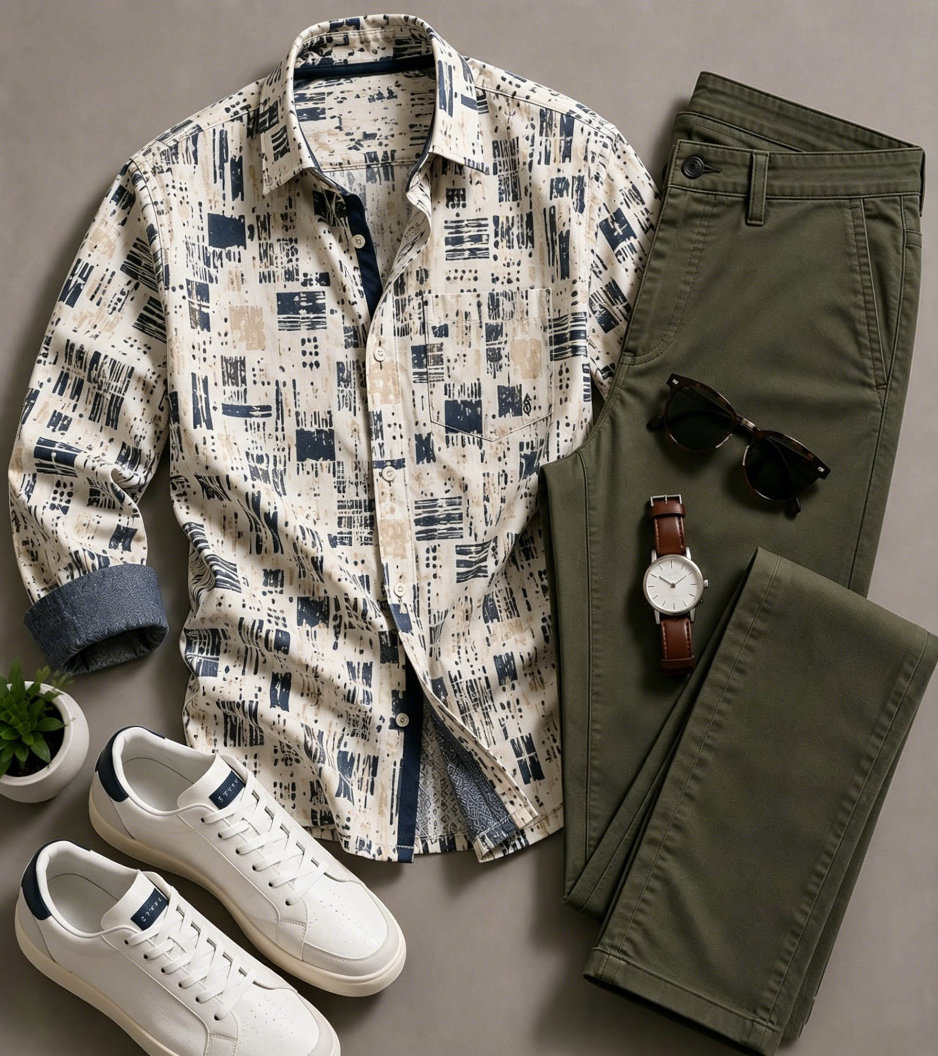 Men's Casual Color Block Graffiti Art Printed Long Sleeved Shirt & Trousers Two-Piece Set
