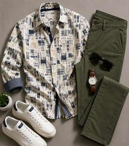 Men's Casual Color Block Graffiti Art Printed Long Sleeved Shirt & Trousers Two-Piece Set