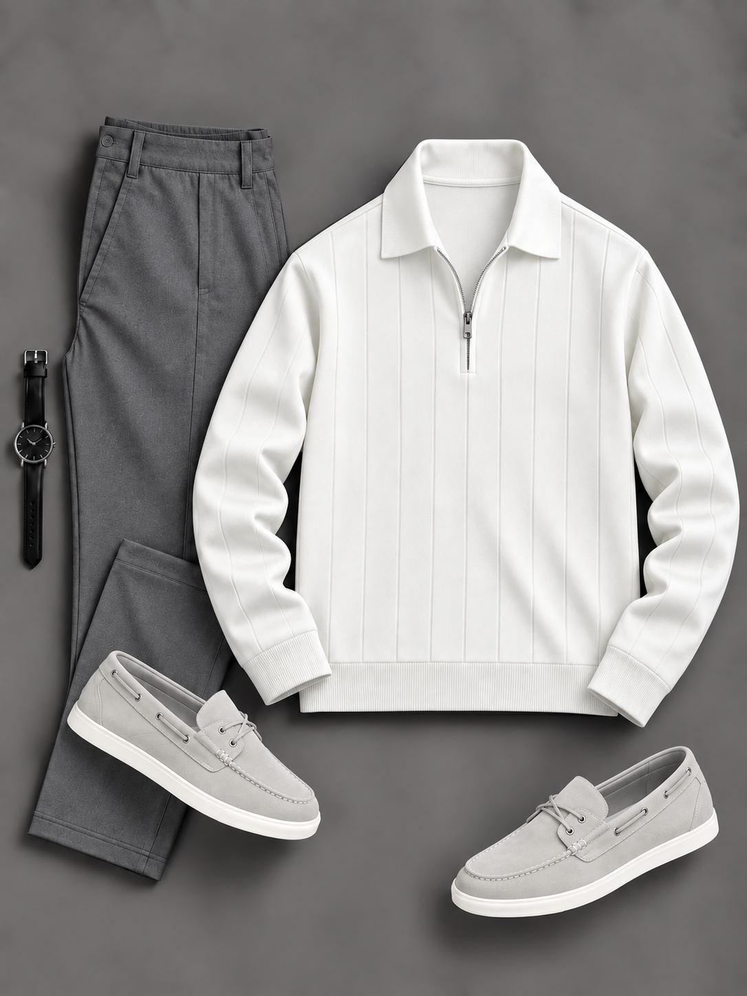 Men's Casual Vertical Stripe Half Zip Polo Sweater & Chino Pants 2‑Piece Matching Outfit Set, Multiple Colors Available
