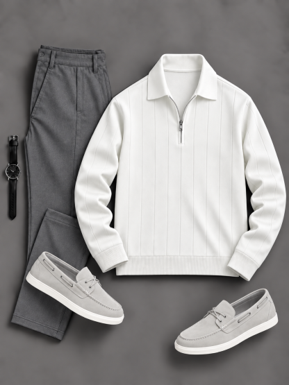 Men's Casual Vertical Stripe Half Zip Polo Sweater & Chino Pants 2‑Piece Matching Outfit Set, Multiple Colors Available