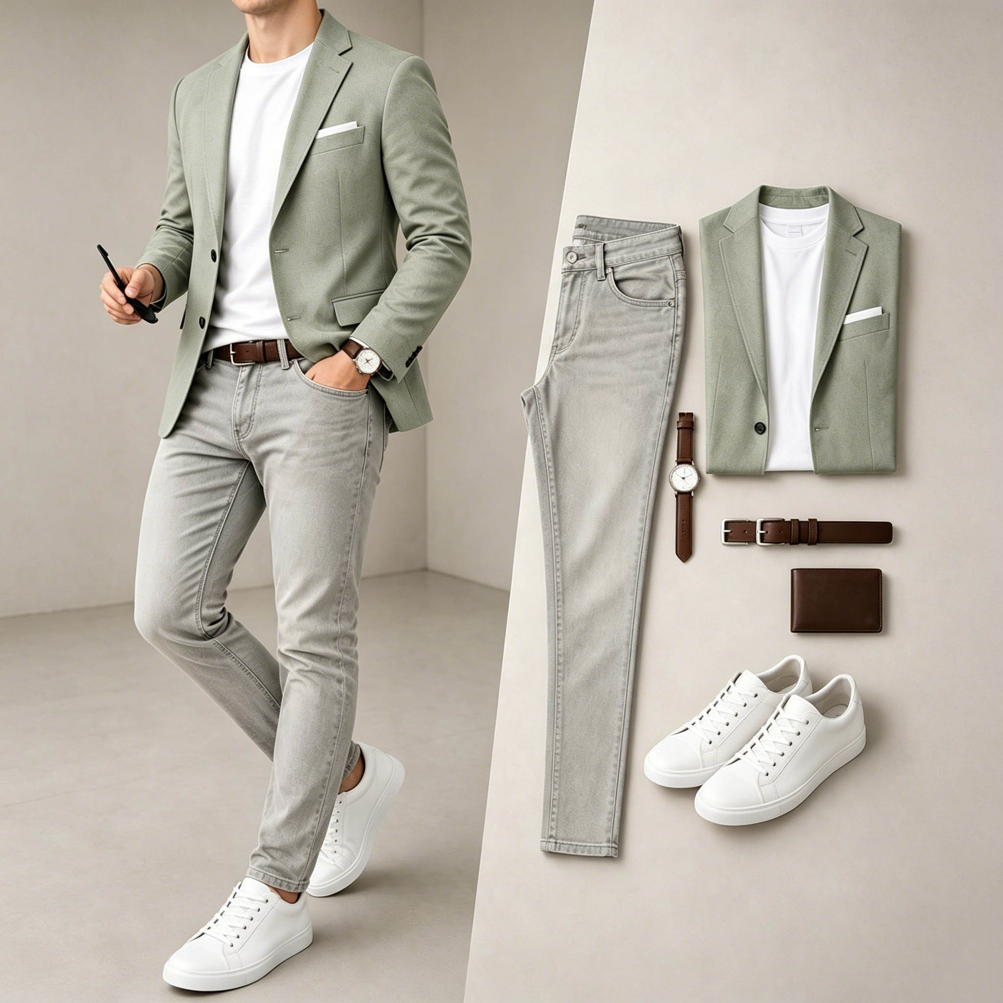Men's Business Casual Sage Green & Light Grey Color Matching Retro Style Short Sleeves T-Shirt & Pants & Blazer 3pcs Set
