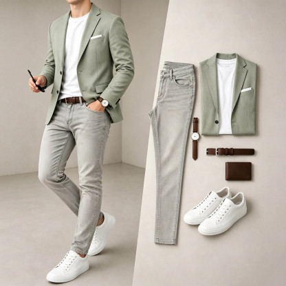 Men's Business Casual Sage Green & Light Grey Color Matching Retro Style Short Sleeves T-Shirt & Pants & Blazer 3pcs Set