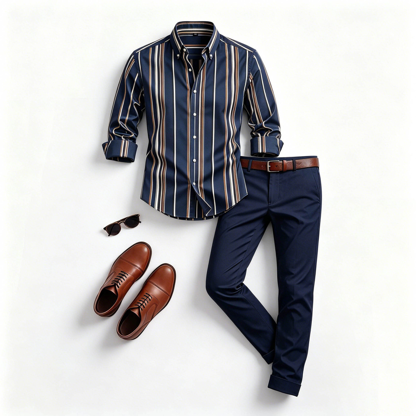Men's Casual Color Matching Satin Printed Long Sleeves Shirt & Trousers Two Piece Set
