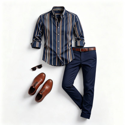 Men's Casual Navy Blue Color Matching Long Sleeves Shirt & Trousers Two Piece Set