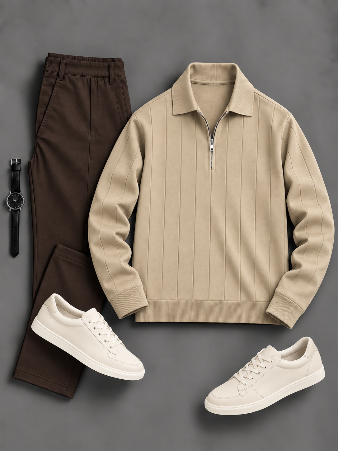 Men's Casual Vertical Stripe Half Zip Polo Sweater & Chino Pants 2‑Piece Matching Outfit Set, Multiple Colors Available