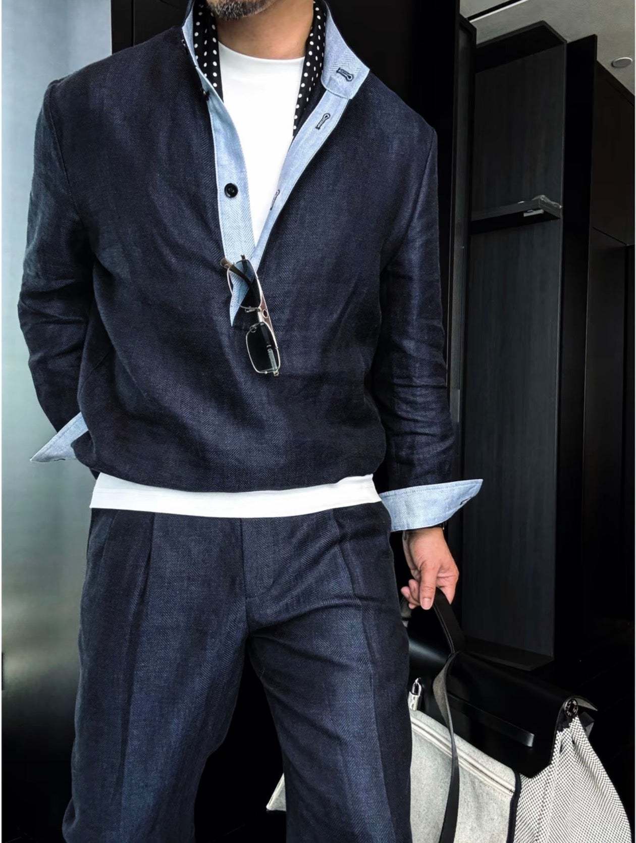 Premium Linen Mandarin Collar Suit-Sky Blue